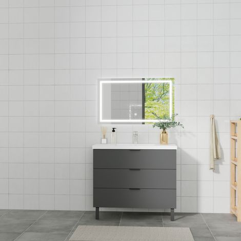 OCEAN Mobile da Bagno a terra 99 cm con 3 Cassetti, Lavabo da Incasso, Nero,due piedi (1/5)