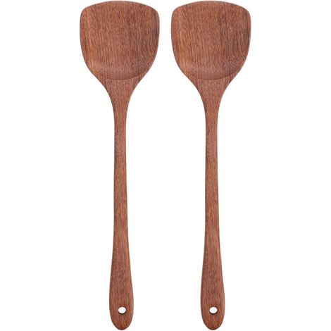 Lot de 2 spatules en bois à manche long, plates et faciles à suspendre, pour mélanger et retourner. (1/5)