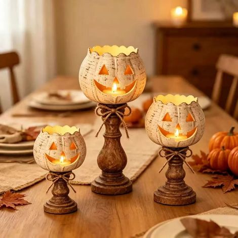 Lot de 3 Bougeoirs Citrouille Halloween en Résine – Décoration d'Intérieur Effet Citrouille pour Ambiance Festive et Automnale-lsw