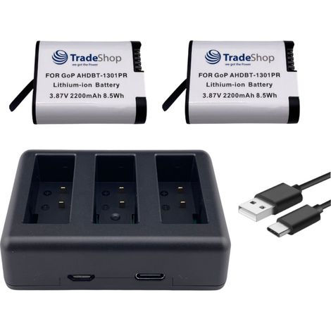 Trade-Shop 3in1 Set: 2x Akku (abgerundete Form) 2200mAh + USB-C LCD Triple Ladegerät für GoPro HERO13 Black, AHDBT-1301, AHDBT-1301PR, CPSS1B (1/5)