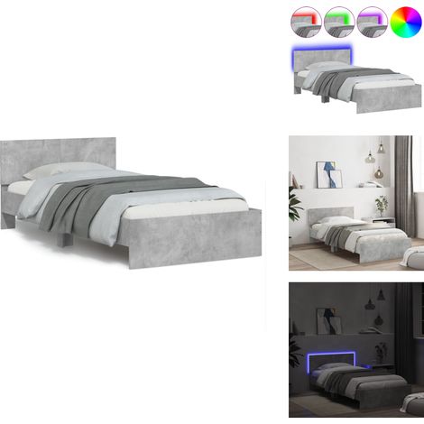 Bettgestell mit Kopfteil und LED-Leuchten Betongrau 100x200 cm - Beton Grau - Holzrahmen - Lattenrost - Kopfteil - LED Beleuchtung (1/5)