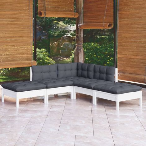 Salon de jardin 5 pcs avec coussins blanc bois de pin (1/5)