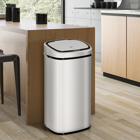 Poubelle Intelligente 68L avec Capteur de Mouvement, Poubelle Automatique Étanche pour Cuisine, Bureau, Chambre, Acier Inoxydable Argenté (1/5)