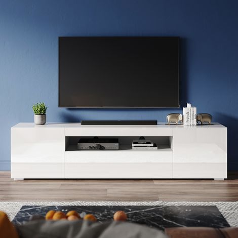 ELEGANT TV Stand Front High Gloss LED TV Cabinet Floor Stand TV Unit with Storage for Bedroom Living Room, 2000mm White TV Entertainment Unit