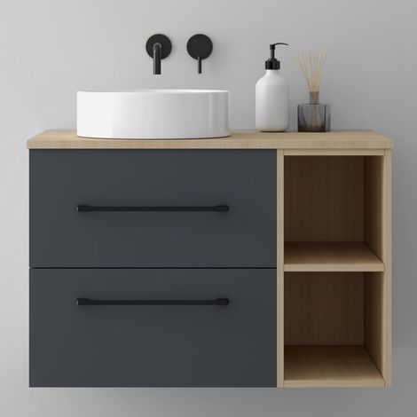 SKY 800mm Oak & Gray Bathroom Vanity Unit with 2 Soft-Close Drawers,Open Shelving & Countertop Ceramic Basin,Flat-Packed (1/5)