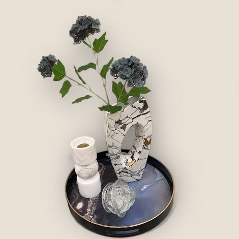 Ensemble Décoration de Table avec Plateau en Bois Noir et Or, Bougeoir et Vase en Marbre - PANGIVO (1/5)