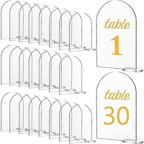 30 ensembles de plaques nominatives cintrées en acrylique transparent avec supports, panneaux cintrés vierges, plaques de numéro de table cintrées à faire soi-même, adaptées aux réceptions de mariage, (1/5)