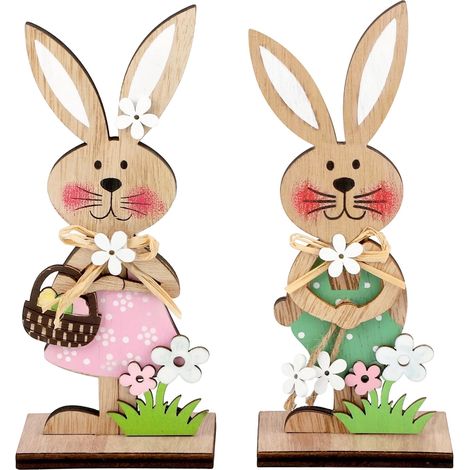 Plaque Décorative Lapin Bois - Set De 2 Figurines Debout Avec Socle Amovible - Décoration Printemps Pâques Intérieur Bureau Mur - 2 Pièces (1/5)