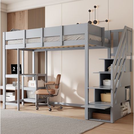 Cama alta moderna 90x200 cm de madera gris, con escalera con almacenaje, estantería, escritorio y somier de láminas (1/5)