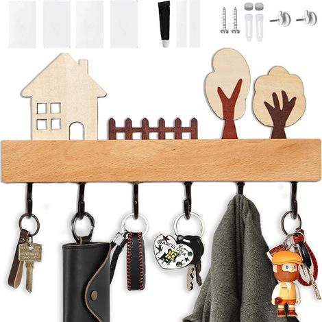 Porte Clef Mural en Bois avec 6 Crochets Robustes, Fxation Polyvalente à 4 Positions pour la Maison, le Couloir ou la Chambre. Noir (1/5)