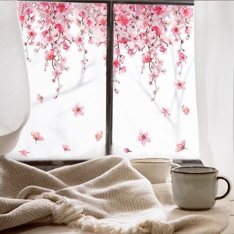 Láminas decorativas para ventanas con flores de cerezo rosadas，flores colgantes de primavera (1/5)