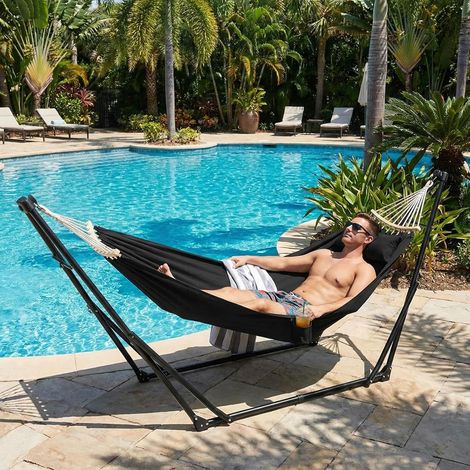 Freistehende Hängematte mit Gestell, Tragetasche, verstellbar, stabile Konstruktion, bis 200 kg belastbar, für Garten und Camping – Schwarz