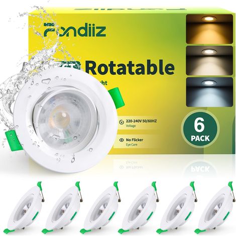 Spot LED Encastrable Orientable, 5W 480LM Spots de Plafond Encastré Blanc Chaud 2700K Blanc Neutre 4000K Blanc Froid 6000K Réglable, IP44 Spot pour Salle de Bain Salon, Trou Ø70-80mm, Lot de 6