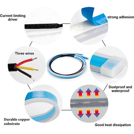 Bande LED souple en silicone bleu glacier et jaune en forme de goutte, clignotants séquentiels bicolores extérieurs fins, pour feux de jour et clignotants, vendue par paire (60 cm). (1/5)