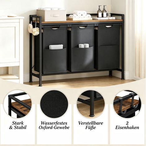 Mobile lavanderia 96x30x71 cm metallo legno nero/marrone, 3 cesti rimovibili – MEUBLIV (1/5)