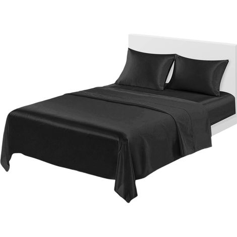 Parure de lit 4 pièces en satin, draps en soie noire, drap-housse plat à poches profondes (1/5)