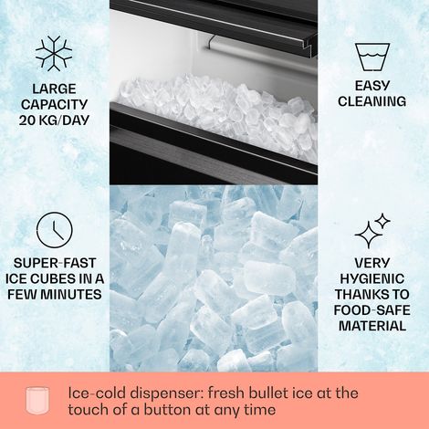 Klarstein Ice Maker Machine Counter Top, Portable Ice Cube Maker w/ LED Display,145W, R600a, w/ Ice Scoop & Basket, Stainless Steel Ice Machine for Home and Office, 20 kg Capacity, 3.5 kg Storage (1/4)