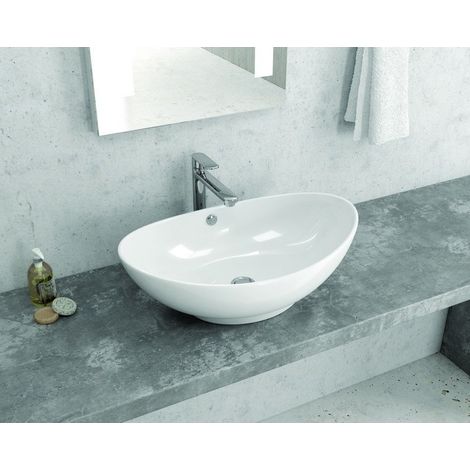 Lavabo da appoggio design a bacinella in ceramica bianca 59cm  Litos-359B kamalu