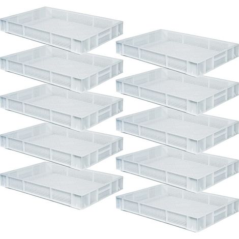 BRB Lot de 10 boîtes Euro avec poignées, 600 x 400 x 85 mm, perforées, blanc