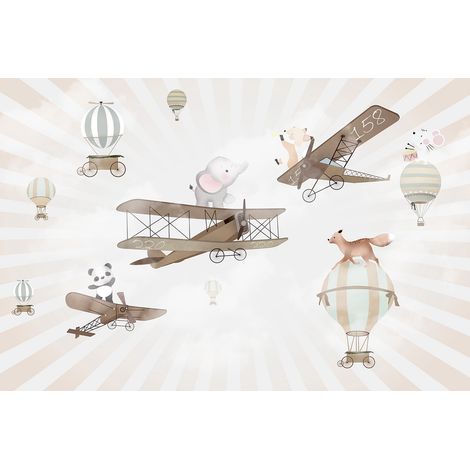 Papier peint panoramique Enfants - Avions Animaux - 130 cm x 87 cm (1/2)