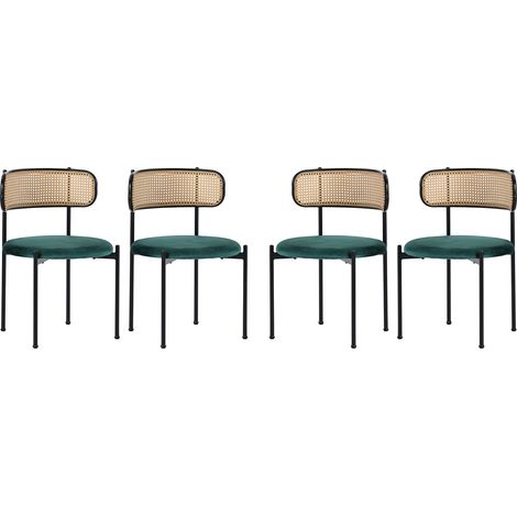 Set di 4 sedie da pranzo in velluto verde, schienale in rattan e gambe metalliche (1/5)
