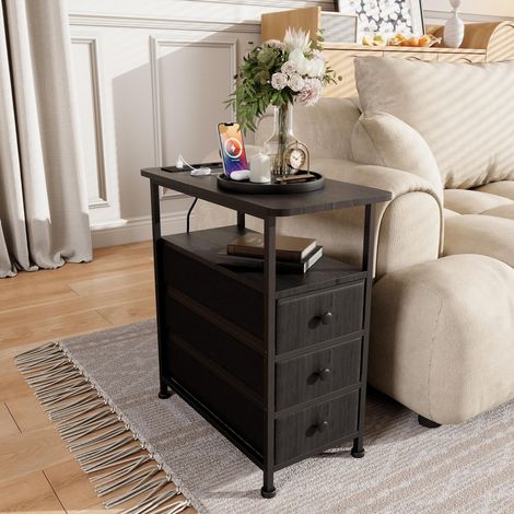 Beistelltisch 60 cm, Beistelltisch mit 3 Schubladen, Mehrfachsteckdose, goldener Griff, elegantes Design, Schwarz (1/5)
