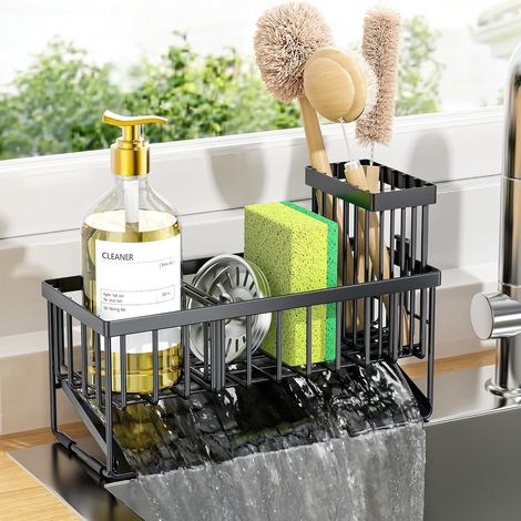 Organizzatore per lavello - Porta spugne e spazzole per la cucina - con vassoio autodrenante in acciaio inox - Organizzatore per spugne resistente alla ruggine (1/5)