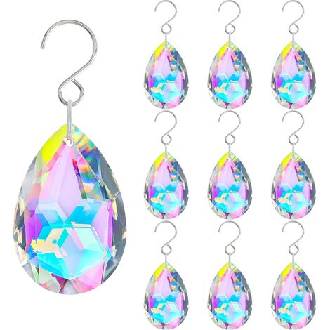 Lot de 10 pendentifs en forme de gouttes de cristal 38 mm pour lustres prismes attrape soleil Gouttes de couleur AB avec crochets (1/4)