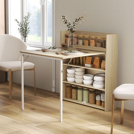 Table pliante industrielle avec étagère, gain de place, pour petits espaces, 78,5 x 91 x 93 cm, chêne (1/5)