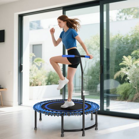 Trampoline de fitness 114 cm. cordes élastiques. poignée réglable 5 positions. trampoline d'exercice silencieux. bleu (1/5)