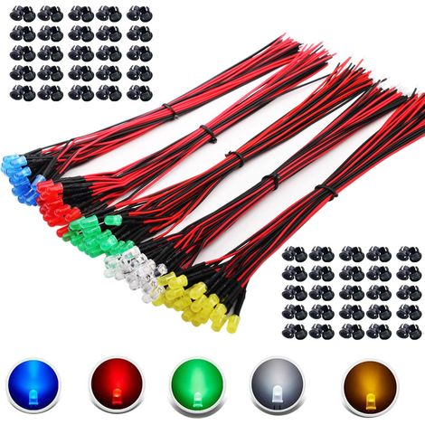 100 diodos LED precableados de 5 mm, diodos LED de 12 V CC, bombillas LED cableadas + 100 soportes LED de 5 mm para piezas de bricolaje para coches, barcos y juguetes.