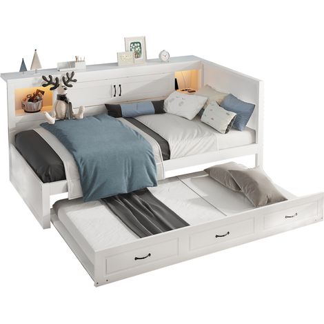 Sofá cama 90x200 cm extraíble con iluminación LED ambiental, enchufe y USB, cajón deslizante de almacenaje, estructura en tablero de partículas y MDF, blanco CHICFURN (1/5)