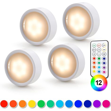 Wireless LED Spotlight, Dimmable 4 Colours Battery Cabinet Lamp with Remote Control, Battery Lighting Cabinet Light, Kitchen Under Furniture Light, Adjustable LED Night Light for Showcase, Bedroom, St (1/5)