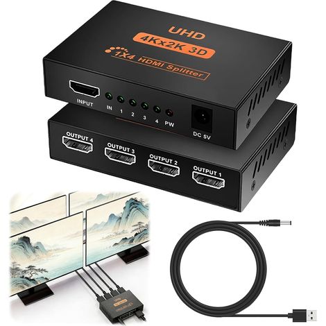 Splitter HDMI 4K Répartiteur HDMI 1 Entrée 4 Sorties, Adaptateur Multi HDMI pour 4 Moniteurs PC Laptop Box Supporte 3D 4K 1080P HDCP, pour PS4 PS3 Blu-Ray HDTV STB DVD Lecteur Projecteur (1/5)