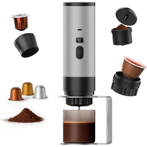 Caffettiera portatile - Espresso elettrico - Caffè da asporto - Sistema di autoriscaldamento - Serbatoio da 80 ml - Argento (1/5)