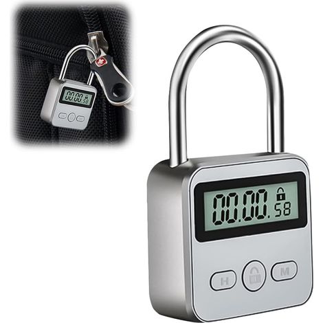 Affichage de Lock, Cadenas Valise avec LCD Écran, USB rechargeable Cadenas Code Verrouillage De La Minuterie, pour Prévenir Les Mauvaises Habitudes (Argent) (1/5)