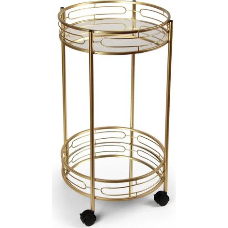 Chariot rond en métal doré avec 2 étagères et roulettes Ø38x68 cm