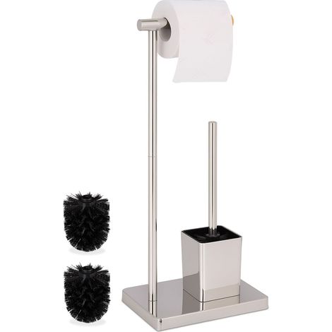 Serviteur WC, HxLxP : 66,5x23x18 cm, Support Papier Toilettes, Brosse et Porte-Brosse, Acier Inoxydable (1/5)