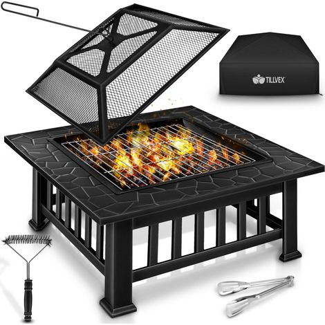 tillvex Brasero Exterior 3 en 1  Hoguera de Jardín con Asador y Tapa  Pozo de Fuego, Estufa con Barbacoa  BBQ Fire Pit con Atizador, Pinzas y Parrilla (1/5)
