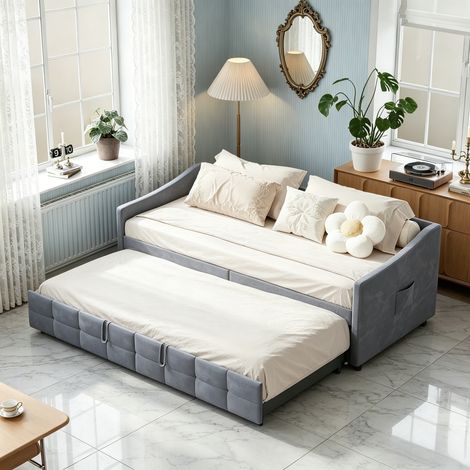 JOOKGBD-Canapé Lit 90/180 x 200 cm, Lit 2 Places Convertible Banquette-lit Gigogne avec Sommier à Lattes,lit adolescent,Lit Simple,Canapés Convertible Extensible,Lit Double Rembourré,Velours,Gris