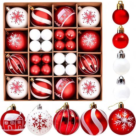 44 decorazioni natalizie splendidamente dipinte, ornamenti lucidi per l'albero di Natale, 6 cm e 3 cm, decorazioni natalizie rosse e bianche (1/5)