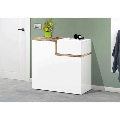 Dmora Zapatero moderno, Made in Italy, con 2 puertas y 1 puerta abatible, Zapatero de entrada, Armario multiusos, 80x40h80 cm, Blanco brillante y Color arce, con embalaje reforzado (1/5)