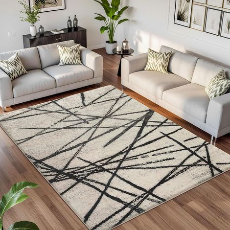 Tapis Salon Tapis de Chambre à Poils Courts Artistique Bohème Moderne Antiderapant Doux Motif Abstrait Géométrique (Beige/Rayé Noir, 120 x 160 cm) (1/5)