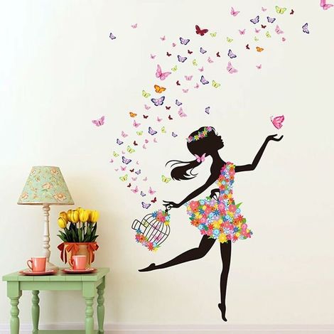 Romantic Dansant Fille Fleur Fairy Papillon Removable Stickers Brackets Self, Children Baby Bedroom Pepiniere DIY Decorative Adhesive Stickers Wall-mounted (1/5)