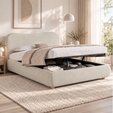 Doppelbett 180x200 cm aus cremefarbenem Samtstoff mit Stauraum, ohne Matratze – MEUBLIV (1/5)
