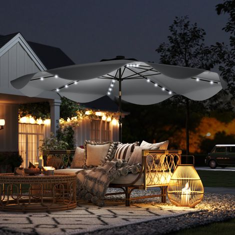 Sombrilla de Jardín Manual Ø292x254 cm con 32 Luces LED Solares 8 Varillas Impermeable y Rejillas de Ventilación Gris (1/5)