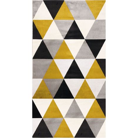 Tapis shaggy toucher laineux 80x150 – Motif triangles jaune – 100% polypropylène – Épaisseur 10 mm – Entretien facile – Thedecofactory