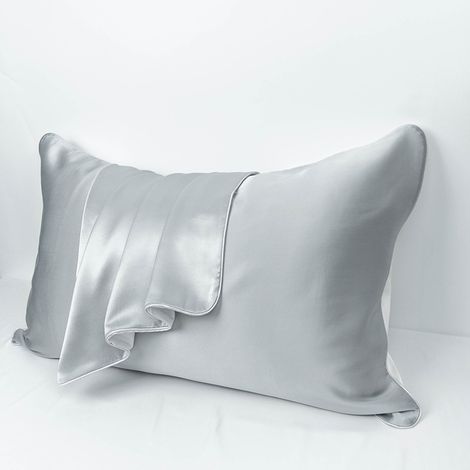 MINKUROW Funda de Almohada - 100% Seda de Morera Natural - para Cabello y Piel - 19 mm Seda por una cara - 2 unidades, Seda, Estándar 48x74cm Gris Plata (1/5)
