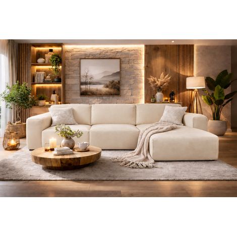 Divano angolare LUXOR L destro trasformabile con vano contenitore – divano moderno per soggiorno, letto aggiuntivo, tessuto beige, divano familiare confortevole (1/5)