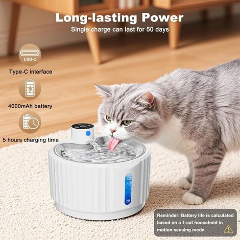 Fontaine à eau sans fil pour chats, fontaine à eau silencieuse pour chats et chiens de 2,8 L avec détecteur de mouvement, batterie rechargeable de 4 000 mAh, abreuvoir automatique pour chats (1/5)